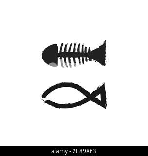 paint brush fish bone and simple fish line art for restaurant logo and icon Stock Vector