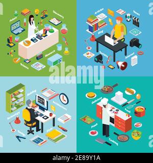 Isometric 2x2 compositions presenting different professions workplaces scientist reporter engineer and cook with their equipments vector illustration Stock Vector