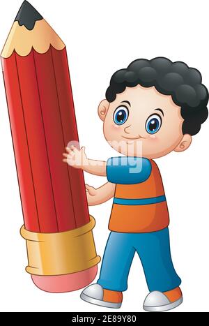 Vector illustration of Little boy cartoon holding a pencil Stock Vector