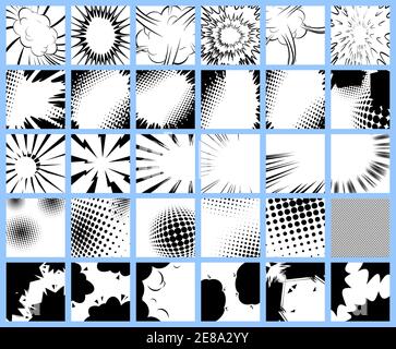 Huge set of black and white comic book backgrounds. Abstract cartoon explosions. Retro style template. Stock Vector