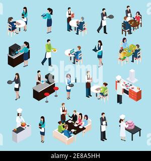 Restaurant cafe bar personnel and customers isometric icons set with waiters attending tables abstract isolated vector illustration Stock Vector
