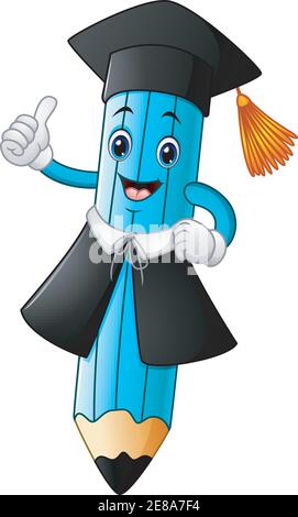 Vector illustration of a pencil cartoon wearing a graduation cap with giving thumbs up Stock Vector