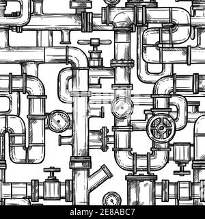 Sketch monochrome seamless pattern with pipes system doodle vector illustration Stock Vector