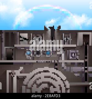 Way out concept with silhouette of happy man on blue sky with rainbow background cartoon vector illustration Stock Vector