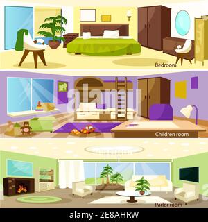 Horizontal colorful cartoon bedroom children and parlor room banners vector illustration Stock Vector