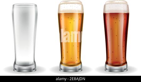 Three transparent realistic glasses of lager with light golden color on white background vector illustration Stock Vector