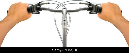 Handlebar hand composition realistic hands on bicycle steering wheel on white background isolated colored vector illustration Stock Vector
