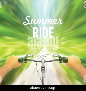 Handlebar background moving poster man rides through the woods on bicycle at great speed vector illustration Stock Vector