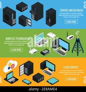 Data center isometric horizontal banners with cloud services servers database and wireless technology on bright background isolated vector illustratio Stock Vector