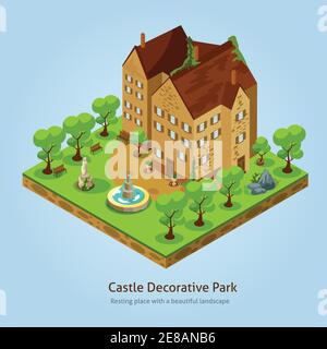 Isometric castle with decorative park landscape design concept vector illustration Stock Vector