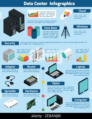 Data center infographics presenting statistics and information about different devices data base cloud service and wireless technology on blue backgro Stock Vector