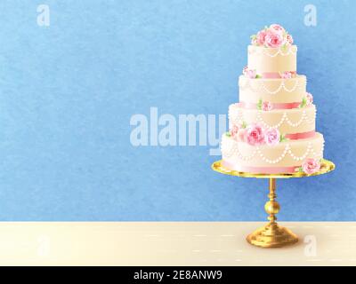 Wedding cake with cream roses on top and between tiers against blue background realistic image vector illustration Stock Vector