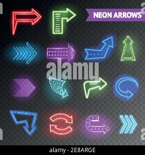 Bright neon realistic arrows set on transparent background isolated vector illustration Stock Vector