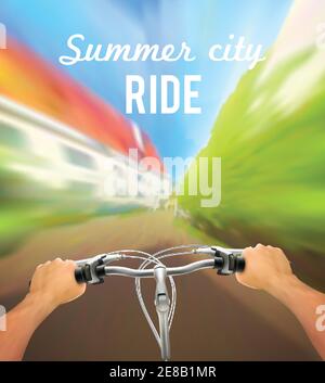 Handlebar colored poster with man on bike rides in the city and description summer city ride vector illustration Stock Vector