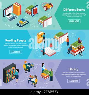 Library isometric horizontal banners with different books and reading people in fantasy style vector illustration Stock Vector