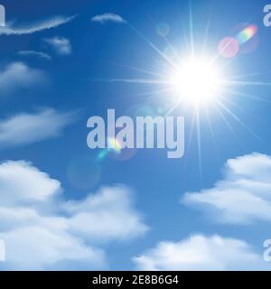 The sun shines bright light poster on the background of white clouds and clear blue sky vector illustration Stock Vector