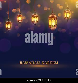 Ramadan lights poster several glowing lamps hanging from the ceiling on a dark blue background and title Ramadan Kareem vector illustration Stock Vector