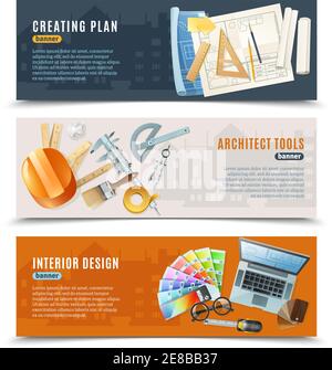 Three horizontal banners with construction tools for architect and interior designer flat isolated on white background vector illustration Stock Vector