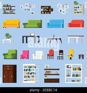 Interior elements orthogonal icon set of different bookshelves sofas tables armchairs chairs and racks isolated vector illustration Stock Vector