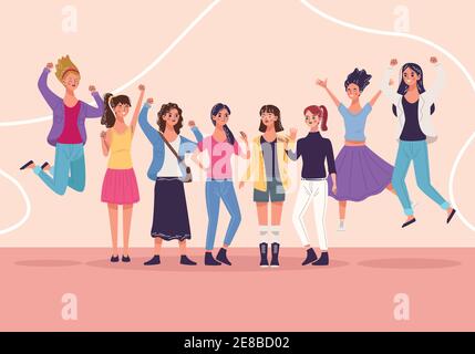 group of eight beautiful young women characters celebrating vector illustration design Stock Vector
