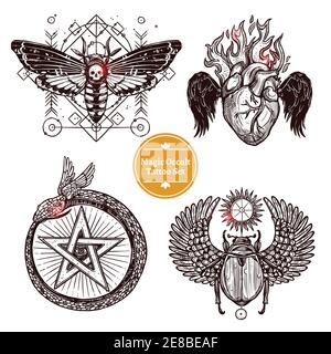 Occult Tattoo Sketch Concept. Occult Tattoo Hand Drawn Set. Magic Modern Tattoo Vector Illustration. Magic Occult Tattoo Symbols. Magic Occult Tattoo Stock Vector