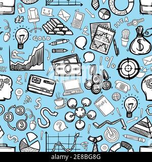 Business seamless pattern of doodle style office equipment and infographic elements on turquoise background vector illustration Stock Vector