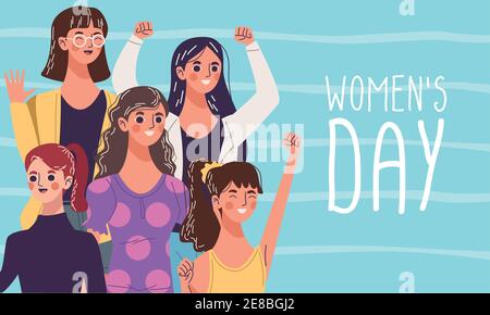 celebrating womens day, group of five young women characters vector illustration design Stock Vector