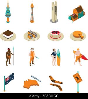 Australian tourists attractions and national symbols isometric icons collection with desserts boomerang and surfers isolated vector illustration Stock Vector