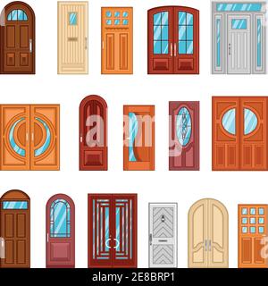 Design collection of detailed colorful front and interior doors to private houses and public buildings flat vector illustration Stock Vector