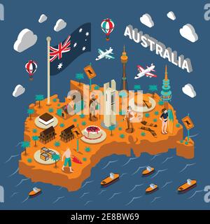 Australian touristic isometric map with national cuisine landmarks wildlife popular sport and surfers symbols poster vector illustration Stock Vector