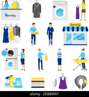 Laundry service set with dry cleaning symbols flat isolated vector illustration Stock Vector