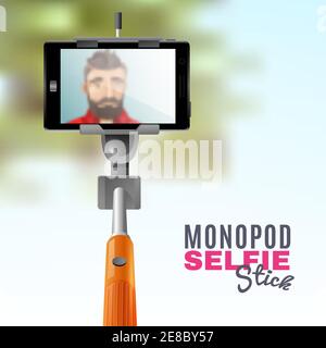 Man taking selfie on mobile phone with monopod stick cartoon vector illustration Stock Vector