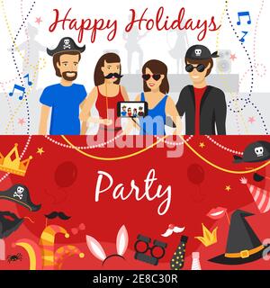 Photo booth party horizontal banners set with people flat isolated vector illustration Stock Vector