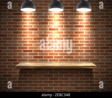 Realistic wooden empty shelf illustration on a brick wall under the spotlight with shadow vector illustration Stock Vector