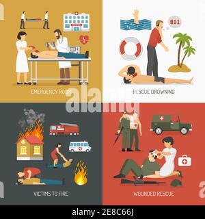 First air assistance for drowning and fire victims rescue on spot 4 flat icons square isolated vector illustration Stock Vector