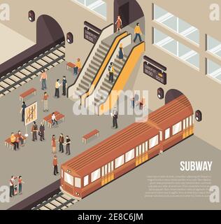 Subway railway rapid transit system underground station isometric poster with passengers on platform and train vector illustration Stock Vector
