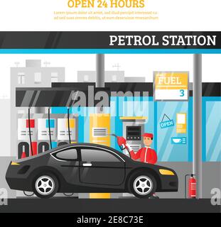 Petrol station flat composition with worker at car and open 24 hours advertising vector illustration Stock Vector