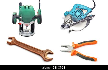 Full size electric and handy tools isolated on white. Element of design. Stock Photo