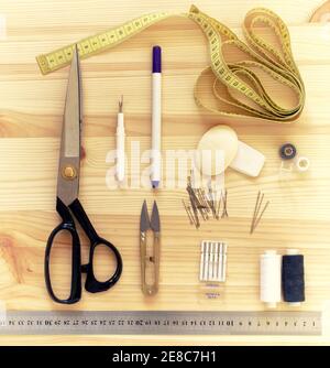 Set of tools and accessories for sewing. View from top. Element of design. Stock Photo