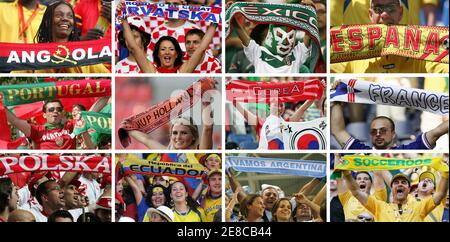 A combination picture shows soccer fans of some of the 32 competing nations, holding up football scarves during the World Cup 2006 tournament.  REUTERS/Staff