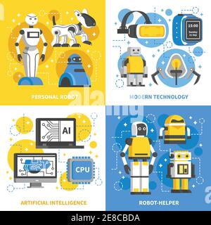 Artificial intelligence 2x2 design concept of modern technology with smart machine personal robots and ai signs flat vector illustration Stock Vector