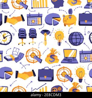 Different office objects and business elements drawn in doodle style on white background seamless pattern vector illustration Stock Vector