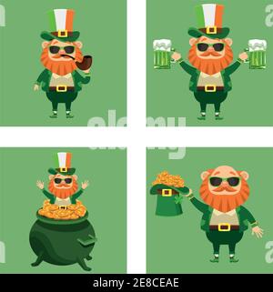 happy saint patricks day poster with bundle of four leprechaun characters vector illustration design Stock Vector