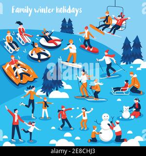 Design collection of decorative icons  with people and their kids engaged in winter sports on holidays flat vector illustration Stock Vector