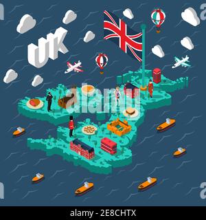 Great britain touristic isometric map with various british cultural elements on background with sea vector illustration Stock Vector