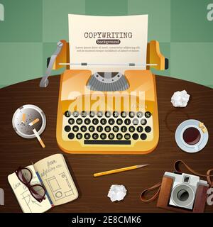 Flat workplace for journalist with vintage typewriter camera and notepad vector illustration Stock Vector