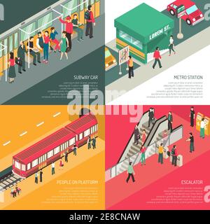 Underground metro subway station concept 4 isometric icons square with passengers on escalator and platform isolated vector illustration Stock Vector