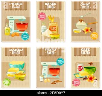 Flat baking banners and cards for cafe or bakery with products and tools for cooking isolated vector illustration Stock Vector