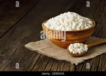 cottage cheese in clay bowl Stock Photo