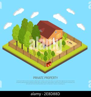 Private suburb property with fence boundary isometric image with piece of land and country house abstract vector illustration Stock Vector